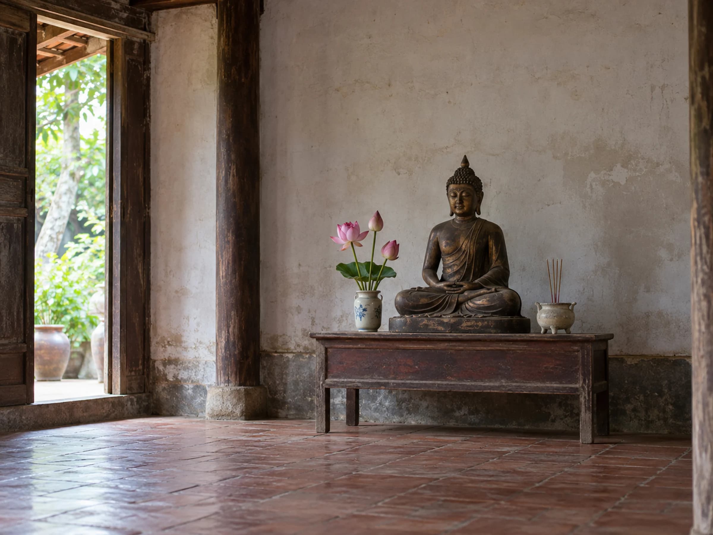 Tượng Phật ngồi thiền trên bàn thờ gỗ trong gian chùa làng, bên bình sen hồng và lư hương.