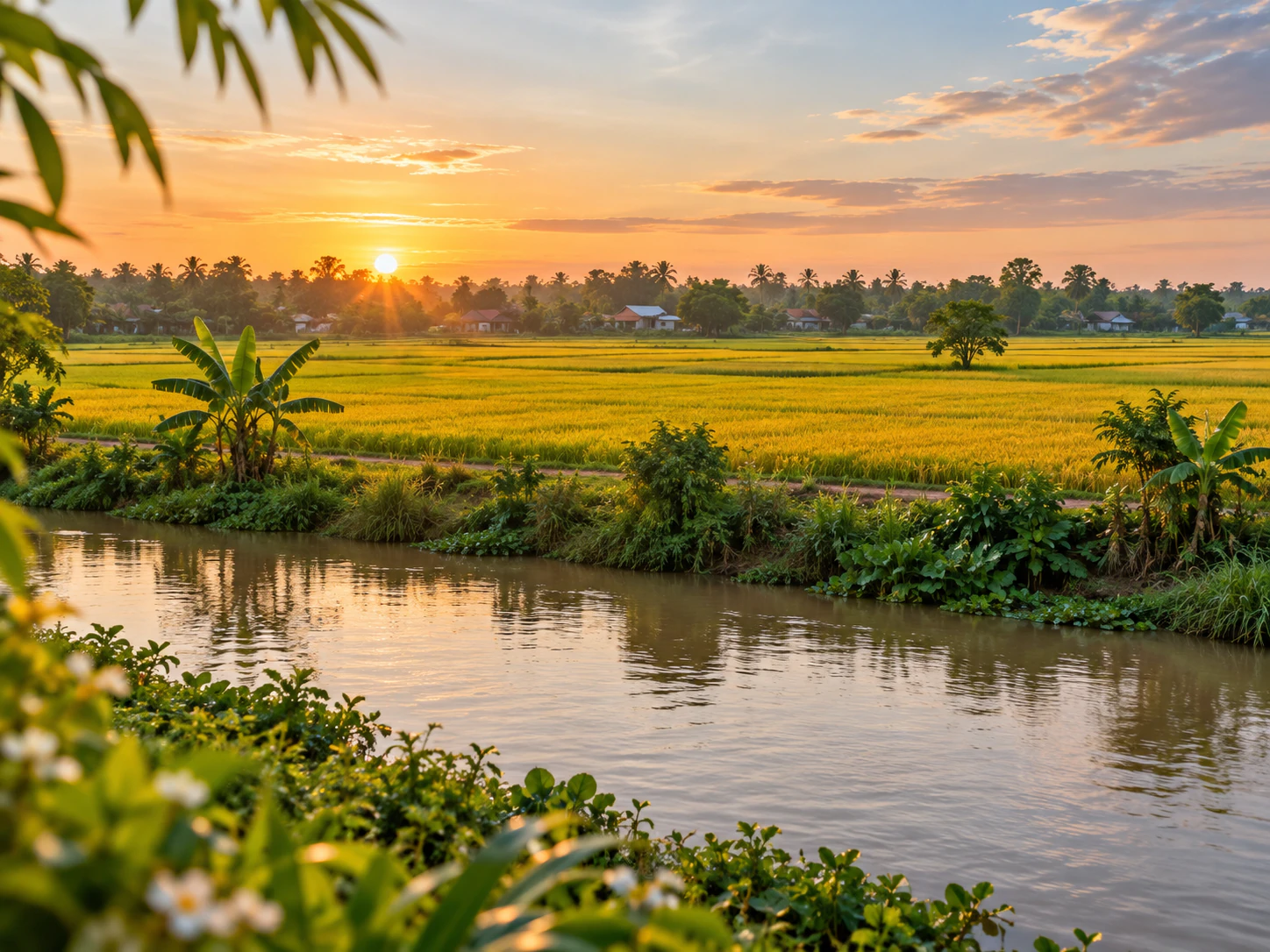 Hoàng hôn trên cánh đồng lúa chín miền Tây, dòng kênh phía trước, hàng dừa và mái nhà xa xa
